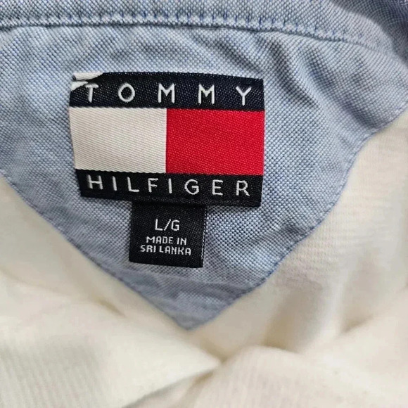 VTG Tommy Hilfiger Mens L Polo Shirt Red Stripe White 90s Preppy Sporty Tee - Picture 3 of 8
